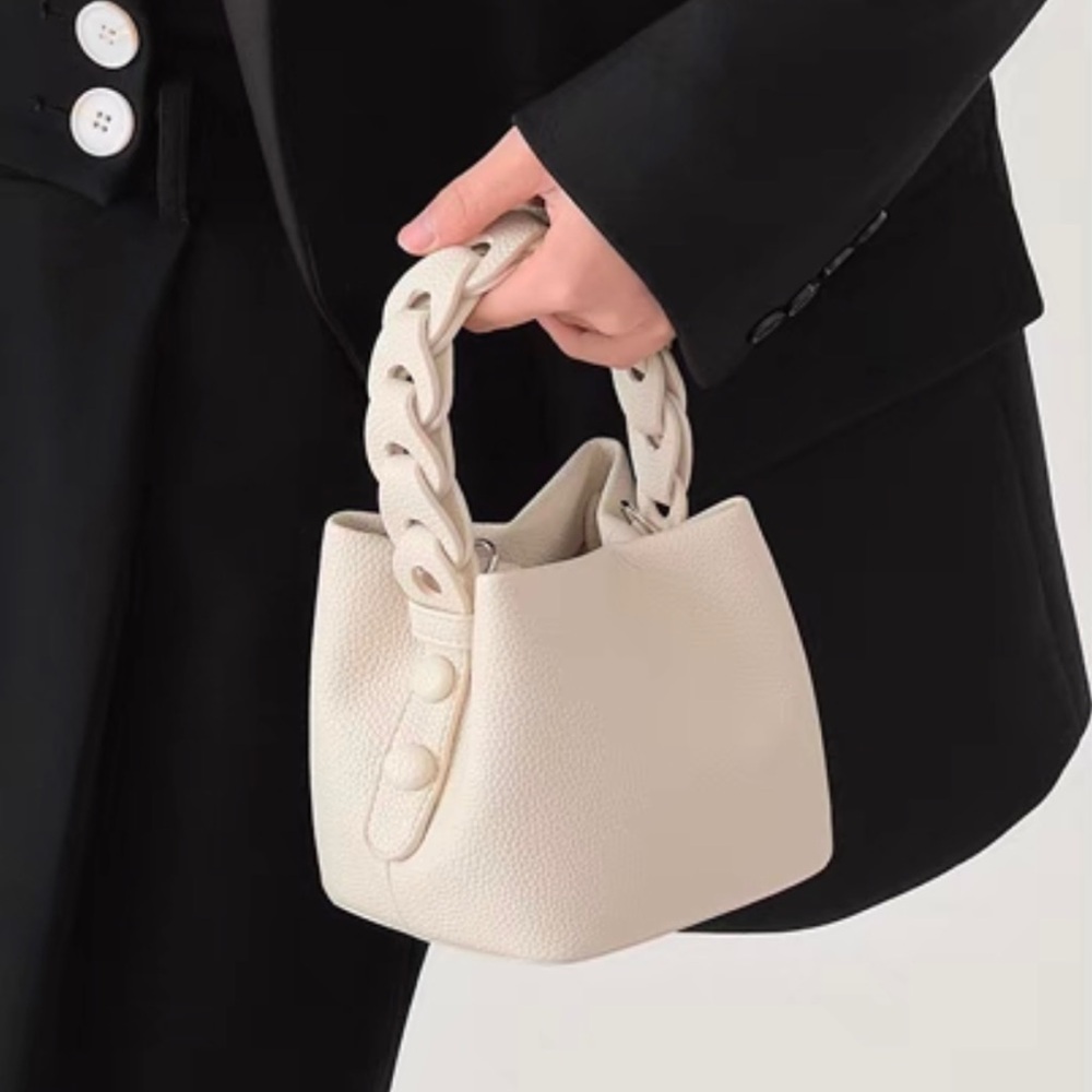 Elegant Braided‎ Handle Mini Tote Bag in Cream Pebbled Leather Versatile&Stylish